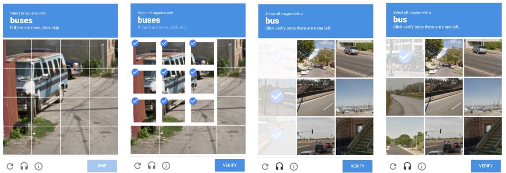 two seqences of Capchas of buses, fierst two pictues show a non standard bus and verification sequence in a grid. Second sequence shows a range of buses in grid during verification sequence asking to identify which pictures feature a bus!