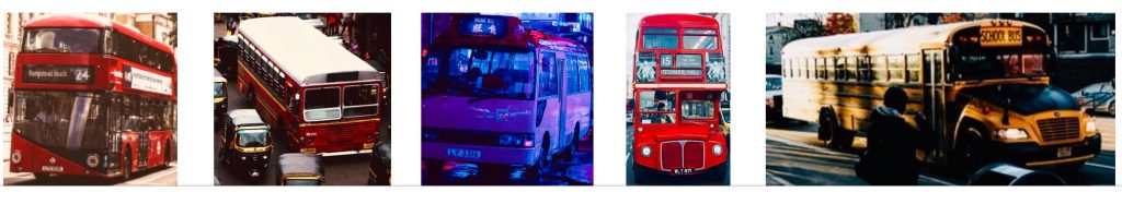 Many different styles of buses from around the world! Including an american style bus.
